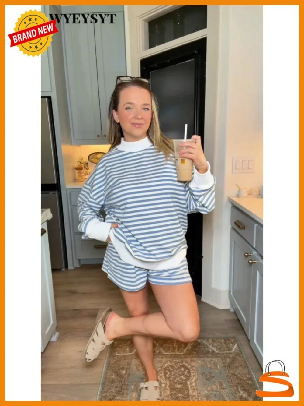 Mock Neck Sweatshirt and Shorts Set - Striped Lounge Set